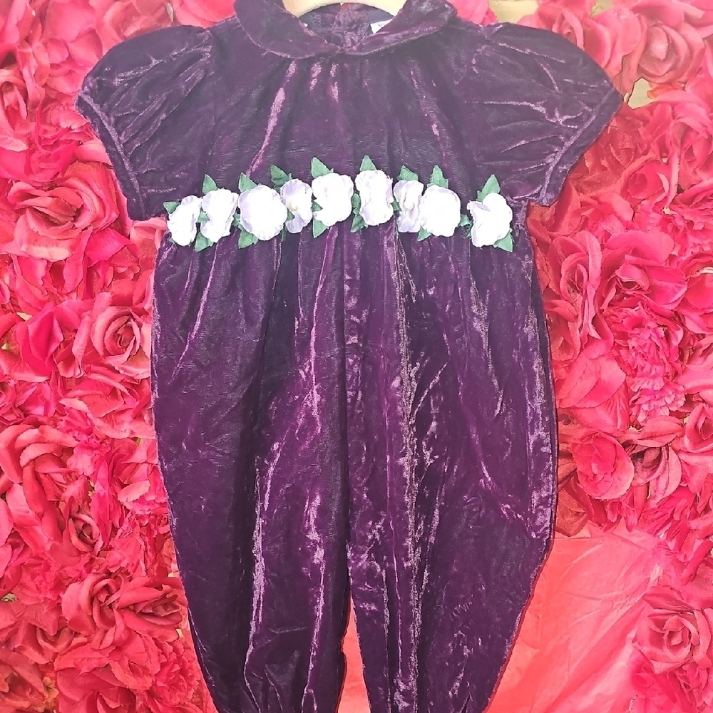 First Impressions Crushed Purple Velvet Baby Romper w/ Flower Accent Size 6/9mth